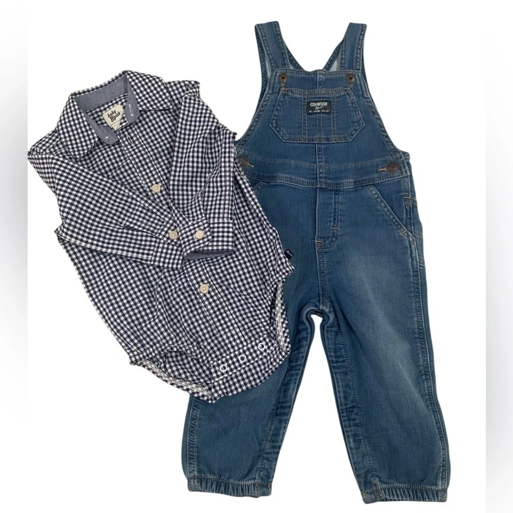 OshKosh B'gosh Denim Overalls & Gingham Bodysuit 2 Piece Set 18M Toddler